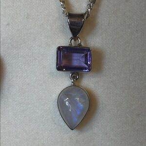 Genuine Rainbow Moonstone & Amethyst 925 Sterling Silver Pendant